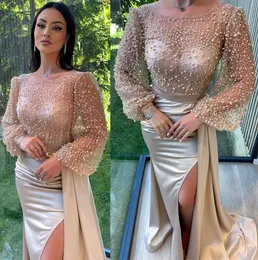 2022 Plus Size Arabisch Aso Ebi Champagner Meerjungfrau Spitze Ballkleider Sheer Neck Perlen Abend Formale Party Zweiter Empfang Geburtstag Verlobung Brautjungfernkleider