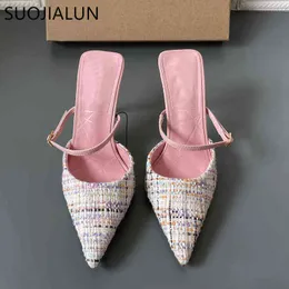 Suojialun Fashion Brand Женщины Slipper Thin High Helies Ladies Sandal Shoes заостренные пальцы на мелководье на мулах наружные слайды Mujer 220627