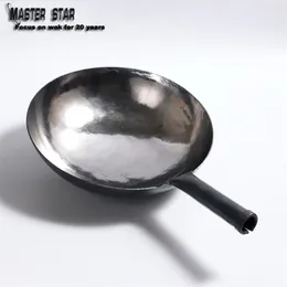 Master Star Classic Chinese Traditionell handgjorda smide Wok Hållbara järn Woks Obekommande smidesjärn Non-Stick Gas Pot Cookware T200523