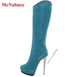 Suede Platform Knee High Boots Solid Round Toe Thin High Heel Side Zipper Concise Women Party Dress Boots Autume Winter Shoes 220514