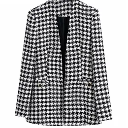 TRAF Women Fashion Tweed Houndstooth Blazer Coat Vintage Long Sleeve Welt Pockets Female Outerwear Chic Veste 220812