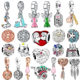 925 Silver Fit Pandora Charm 925 Bracelet Cute Rose Cake Heart Feather Baby Carriage Beads charms set Pendant DIY Fine Beads Jewelry