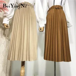 Beiyingni High Waist Women Skirt عرضية عتيقة صلبة مربوطة مطوية Midi تنورات سيدة 11 ألوان الموضة البسيطة Saia Mujer Faldas 220511