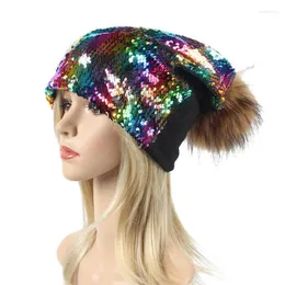 Summer Women Solid Color Fashion Shimmer Sequin Cap Cute Hairball Knit Sequin Hat Beanie/Skull Caps Eger22
