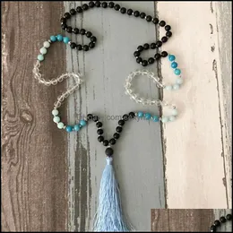 Chains Necklaces Pendants Jewelry Hand-Knotted Mala Beads Necklace A-Quamarine With Large Lava Stone Guru Bead And Silk Tasse Dhsay