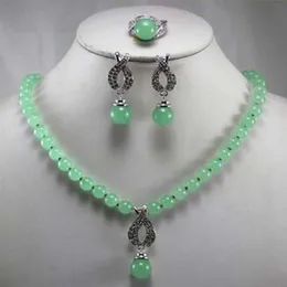 Heta smycken 8mm Green Jade Pendant Necklace Set