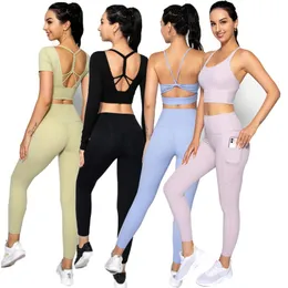 Gymkläder kvinnor sport set bh topp leggings with pocket väv skönhet tillbaka antistatisk yogasid