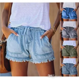 Sommarkvinnor Solid Denim Shorts Casual Baggy Trendy Short Pants Elastic Midje Drawstring Shorts kläder