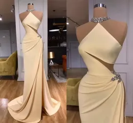 Designer Mermaid 2022 Abiti da sera Lunghezza pavimento in raso Dubai cristalli in perline manica a maniche fatte da ballo per festa di fine anno vestidos slitta latera
