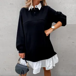 カジュアルドレスルーズドレス女性のファッション長袖シャツ襟レースパッチワークポケットセーター服ストリートウェア