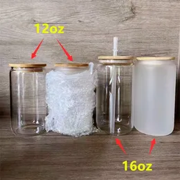 12 oz süblimasyon cam bira kupaları plastik saman bambu kapaklı temiz buzlu şarap bardağı ısı transferi diy su şişeleri