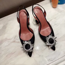 Designer Sandals High Heels Amina Muadi Begum Bow Crystal Buckle Pointed Toe Sunflower Sandals Summer Shoes Evening Dress Shoes Strap Box