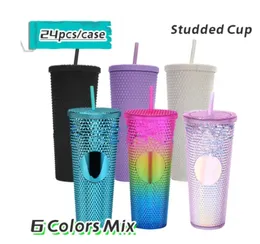 local warehouse studded plastic cup 24oz tumbler mix color with Lid Straw Double Walled Reusable Plastic Tumblers 710ml Brandy Diamond Water Bottles