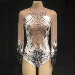 Sahne Giyim Kadınlar Gece Kulübü Kıyafet Glisten Rhinestones Mesh Seksi Bodysuit Yaz Kostüm Kadın Dans Perspektifi Giy