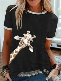 Grafiska tees topp kvinnor giraff tryck söt bomull t shirt o nack mode sommaren kort ärm avslappnad djurtryck tshirts 220714