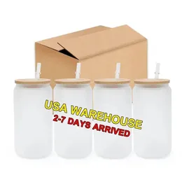 USA Warehouse 16oz Tazas de vidrio de sublimación en blanco Blanco con tapa de bambú cerveza esmerilada lata de borosilicato tazas de jarra de masón con paja de plástico