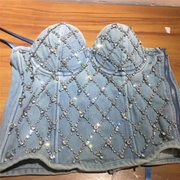 Women Denim Tube Top Diamond Beaded Strapless Vest Lace up Zipper Bustier Bra Night Club Party Tank Female Y749 220325