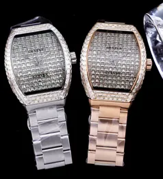 Volledig diamanten Iced Out-horloges Rechthoekige diamanten wijzerplaat Roestvrij stalen band Automatisch mechanisch polshorloge