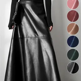 ロータロ秋ロングブラックAラインソフトフェイクレザースカート女性ハイウエストブルースタイリッシュマキシスカート韓国のファッション服220317