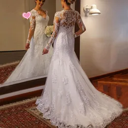 Vestido De Noiva Sexy scollo a V manica lunga abito da sposa sirena paillettes pizzo tromba abiti da sposa robe de mariee