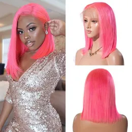 13x4 rosa färgade spetsar främre mänskliga hår peruker före plockad rak kort bob peruk för svarta kvinnor