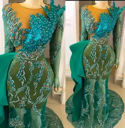 2022 Plus Size Arabo Aso Ebi Hunter Green Mermaid Prom Dresses Pizzo Cristalli Sera Festa formale Secondo ricevimento Compleanno Abiti di fidanzamento Abito ZJ330