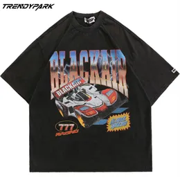 Camiseta masculina de corrida estampa de carro lavado cinza angústia gola redonda tops de algodão harajuku streetwear casual hip hop camisetas de grandes dimensões