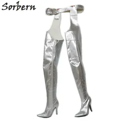 Sorbern Oberschenkelhohe Stiefel mit silbernem Gürtel, individuelle Schuhe mit breiter Wadenpassung, spitze Zehen, hochhackige Stiefel, Damen-Taillenhohe Stiefel mit Gürtel