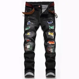 Pantaloni jeans patch colorati Uomo Slim Fit Design di alta qualità Biker dritto Pantaloni hip-hop da uomo moto di grandi dimensioni per uomo 28-42 nero blu