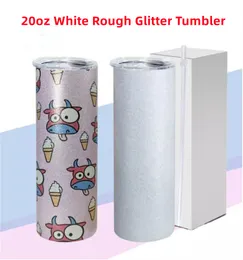 US Warehosue 20oz vit grov glitter tumblers sublimering rak tumbler rostfritt stål skinny tumber vakuumisolerade öl kaffemuggar med sugrör