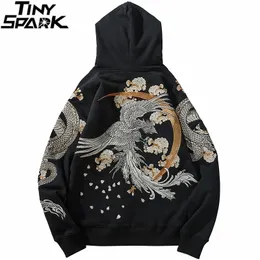Mens Hip Hop Streetwear Hoodie Chinese Style Dragon Phoenix Embroidery Pullover Autumn Cotton Fleece Floral Sweatshirt 201113