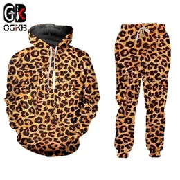 Ogkb vendendo casual 2 peças terno animal impressão 3d impressão de leopardo harajuku capuz e calça de corrida de tamanho grande no atacado 201210