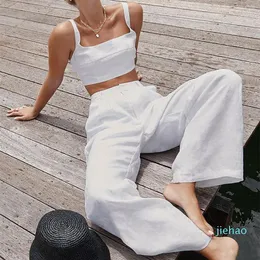 2022-Women's Dwuple Pants Clothland Women Elegancki Camis Suit Linen Set BEZELESS Crop Top High Tase Summer Sexy Sets