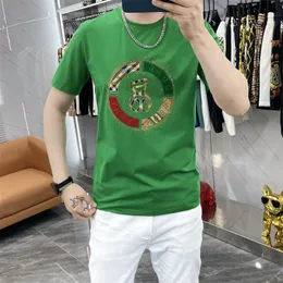 Ice Silk Cotton Men's T-Shirts 2022 Summer New Fashion Brand Short Sleeve Bear Pattern Printing Hot Diamond Sequin Design Large Size Green Black White Clothing Top M-6XL