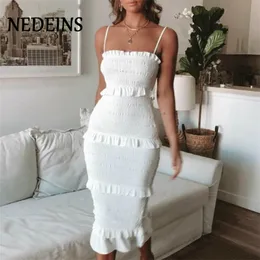 NEDEINS Summer Fashion Sling Long Dress Women Casual Party Dress Donna Ruffles Vestidos Plus Size Natural Solid Dress 220423