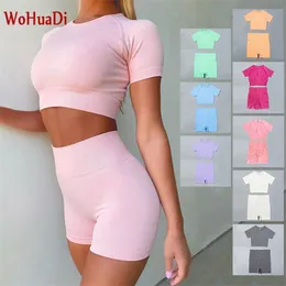 Wohuadi Summer Seamless Yoga Set Women S Clothing2ピーススポーツトップTシャツショーツレギンスプッシュアップフィットネストレーニングジムスーツ220616