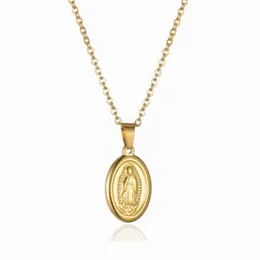 ペンダントネックレス小さな聖母マリアネックレスゴールド宗教クリスチャンジュエリーステンレススチール楕円形メダルコイン女性メンペンダント