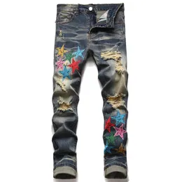 America Amr Mens 청바지 홀 스타 자수 트렌드 탄성 슬림 남성 Pant Hip Hop Jean Men Motorcycle Pants 그래픽 장