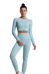 Women's Two Piece Pants Suit For Yoga Fitness Long Sleeve Sport Outfits Crop Top Leggings Tracksuit Women Workout Gym Clothing SportswearWom