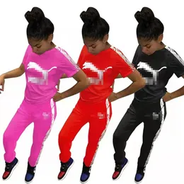 여름 스포츠웨어 디자이너 트랙 슈트 자수 여성 2 조각 세트 바지 핏 의상 면화 T 셔츠 바지 조깅 스포츠 정장 패션 레터 인쇄 O-Neck K186