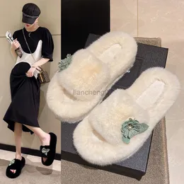 Thick Sole Home Fur Slippers For Women 2022 New Autumn Winter Fashion Warm Shoes Ladies Flats Cute Flower Flip Flops Wholesale G220816