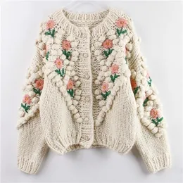Zity Women Winter Handgjorda tröja och cardigans Floral broderi ihålig ut chic stickad jacka pärla pärlkardigans 201222