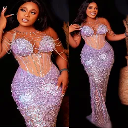 2022 Plus Size Arabic Aso Ebi Mermaid Sparkly Sexy Prom Dresses Pärled Crystals Evening Formal Party Second Reception Birthday Engagement Gowns Dress ZJ205