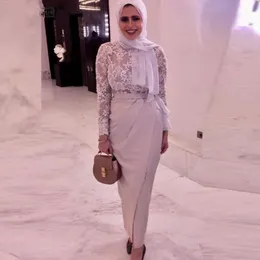 칼집 무슬림 정식 드레스 높은 목 파티 긴 소매 발목 길이 레이스 환상 이슬람 두바이 사우디 아랍어 히잡 이브닝 가운