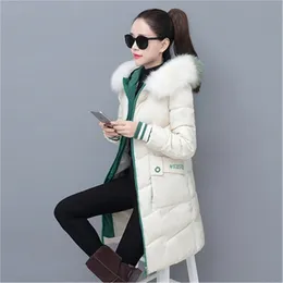 Kvinnor Autumn Winter Jacka Parkas Splice Huveed Medium Long Outerwear Slim Plus Size 3XL Female Down Cotton Jacket 201210