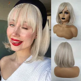 EASIHAIR Short Straight Bob Wigs With Bangs Light Platinum Blonde Synthetic Heat Resistant Hair Wig for Women Daily Cosplay 220525