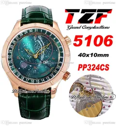 TZF Grand Complications 5106 Sky Moon Celestial A240 Automatisk herrklocka Rose Gold Green Dial Läderband Super Edition Watches Puretime F025K11