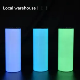 Local warehouse Sublimation Straight Tumbler 20oz Glow in the dark Blank Skinny Tumblers with Luminous paint Vacuum Insulated Heat Transfer Car Mug 7 Styles