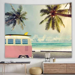 Arazzo Tropical Tree Bus Tappeto da spiaggia per camera da letto Poliestere sottile economico Sea Oc
