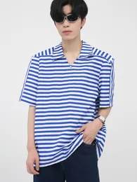 남자 티셔츠 남성 의류 2022 여름 짧은 소매 v- 넥 빈티지 스트라이프 티셔츠 한국 패션 느슨한 스트리트웨어